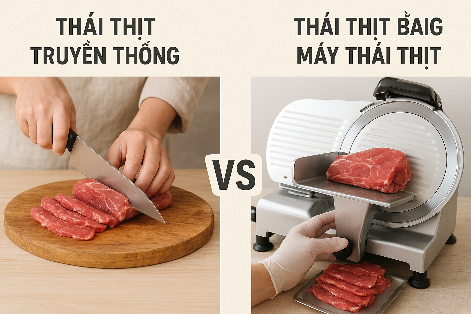 So sánh phương pháp thái thịt thủ công và với sử dụng máy thái thịt